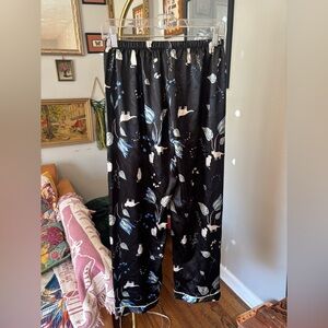 Black Satin Cat & Botanical Print Pajama Pants